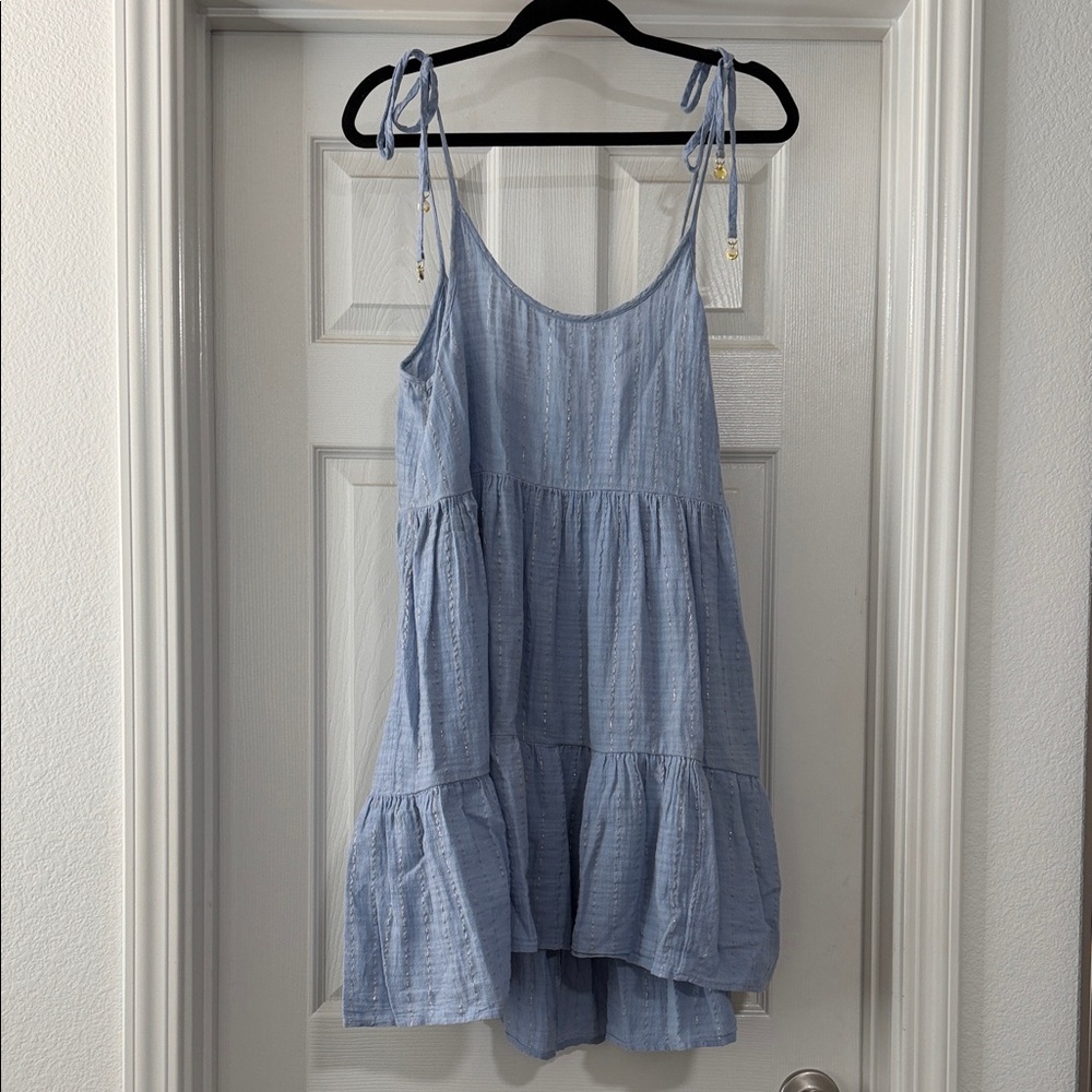 aerie Light Blue Metallic-Striped Sundress